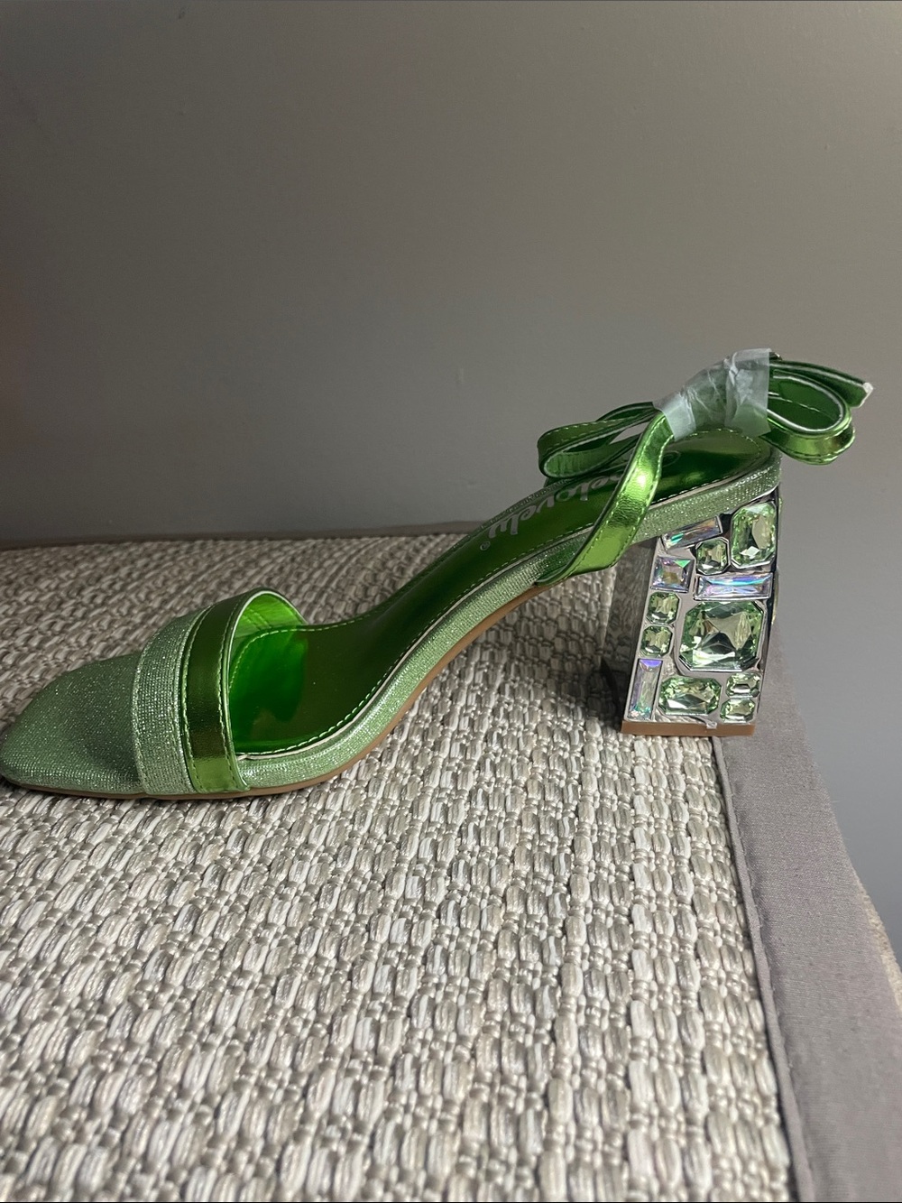 Green Jewel-Embellished Block Heel Sandal with Ankle Tie